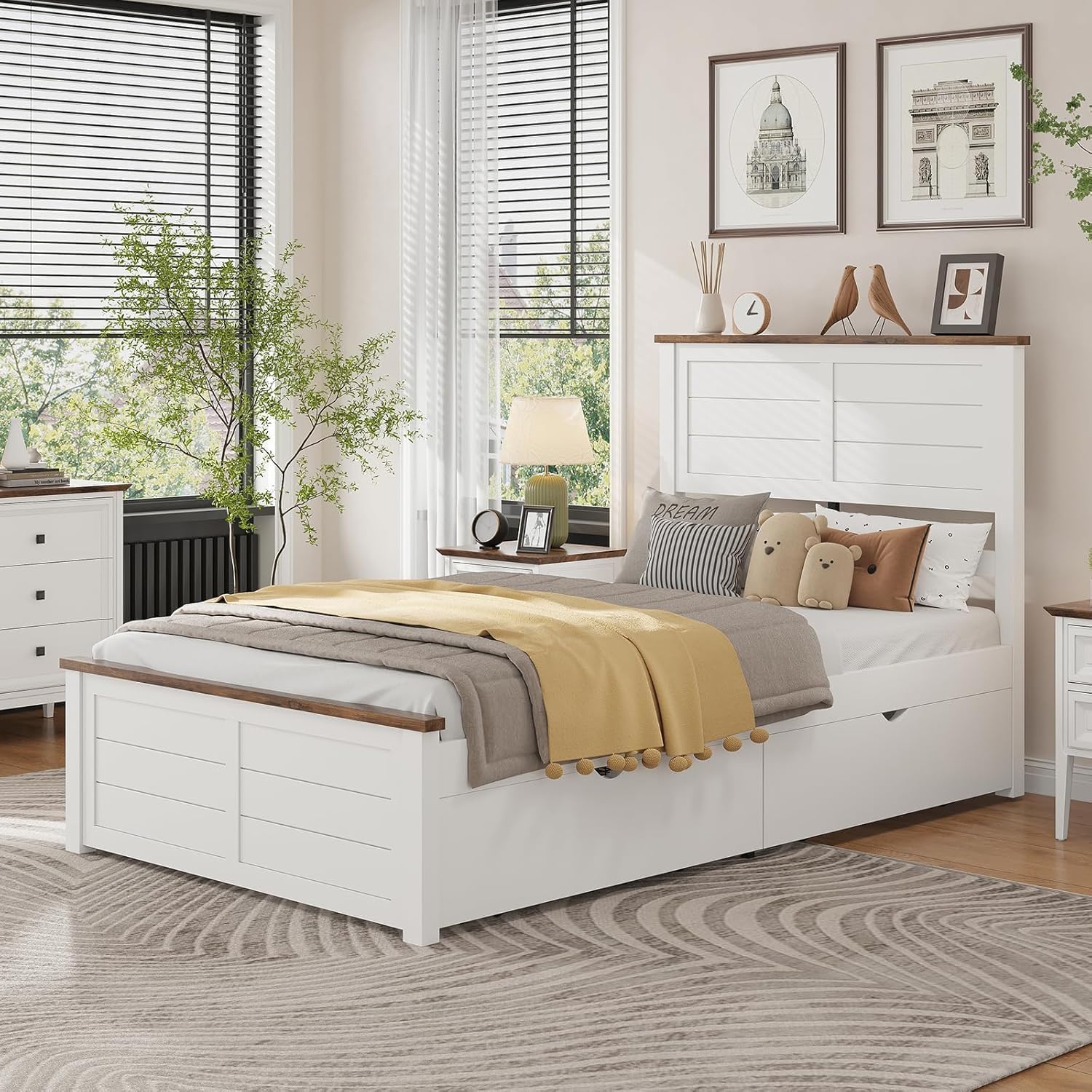 LUXOAK Twin Size Farmhouse Wooden Bed Frame with Headboard and 4 Sliding Drawers, Barn Door Panel Platform Bed with Wood Slats, Heavy Duty Mattress Foundation, Non-Slip & Noise-Free, Antique White