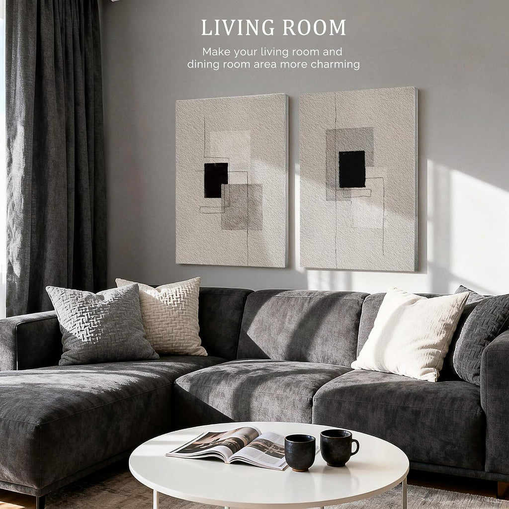 Bzstyleart Large Abstract Wall Art for Living Room, Set of 2 Modern Wall Art Minimalist Painting Neutral Artwork for Hallway Office Bedroom, Large Boho Abstract Artwork Lines & Blocks, 24 x 36 Inch