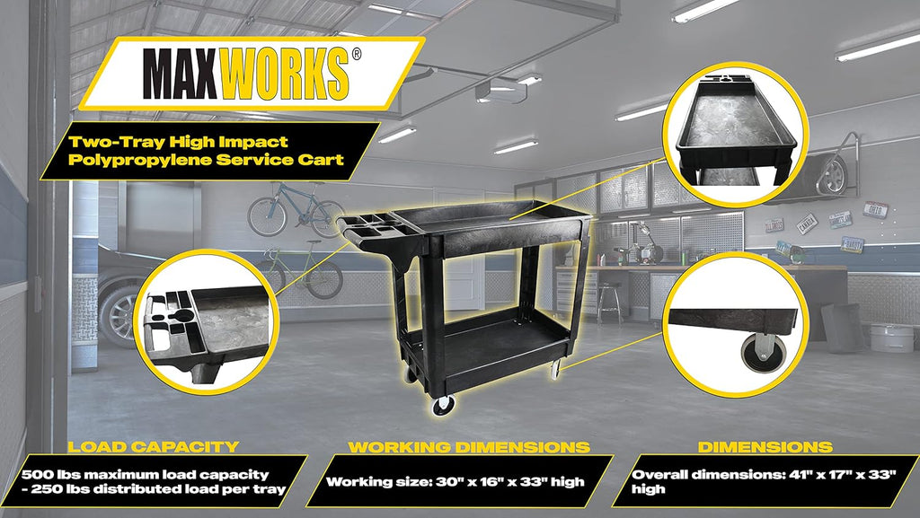 MaxWorks 80855 500-Pound Service Cart with Two Trays 30'X16' & 80876- Foldable Platform Truck Push Dolly 330 lb. Weight Capacity