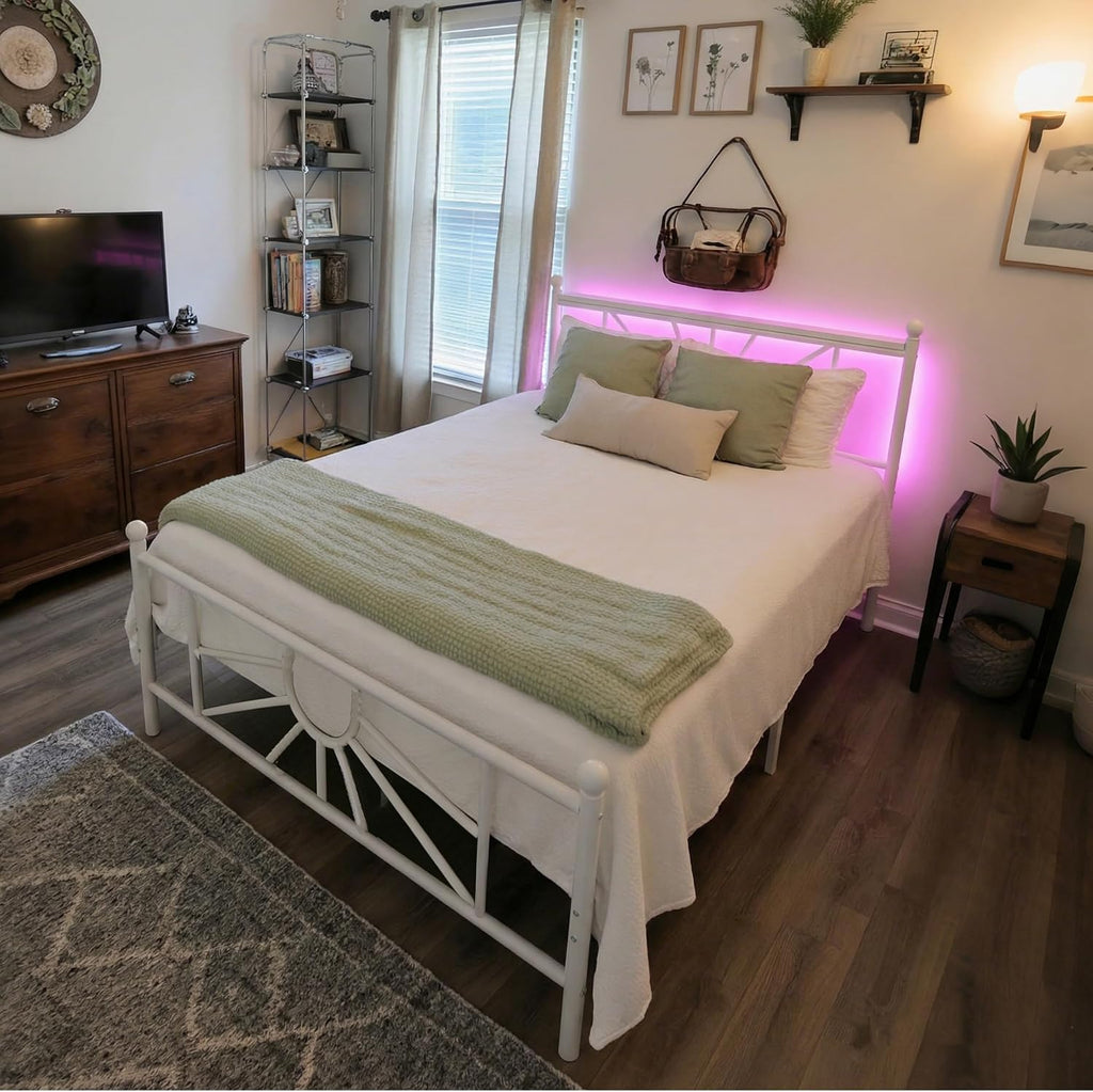 Homkdom 14 inch Queen Size Metal Bed Frame Platform with Storage Headboard, Victorian Metal Bed Frame with Under Bed Storage/No Box Spring Needed/Noise-Free/Easy Assembly, White