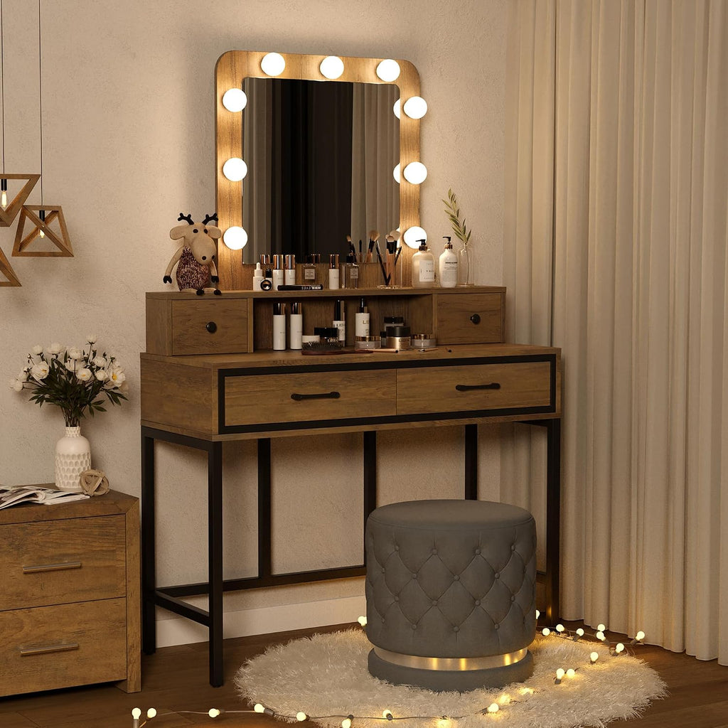 RoyalCraft Vanity Desk with Mirror and Lights, Makeup Vanity with 3 Color Dimmable Lighted Hollywood Mirror, Brown Makeup Table with 4 Drawers, Large Dressing Table for Women Girls
