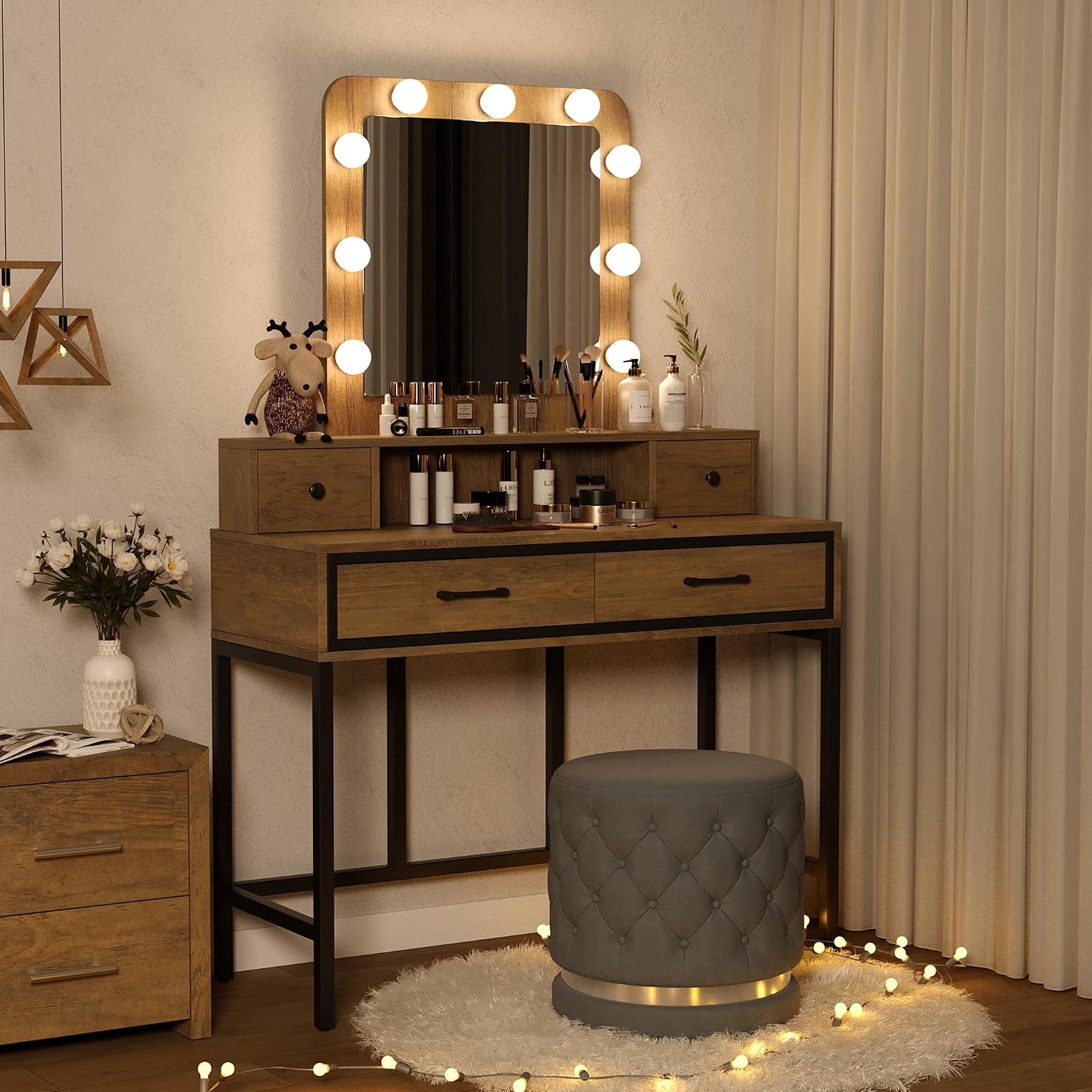 RoyalCraft Vanity Desk with Mirror and Lights, Makeup Vanity with 3 Color Dimmable Lighted Hollywood Mirror, Brown Makeup Table with 4 Drawers, Large Dressing Table for Women Girls