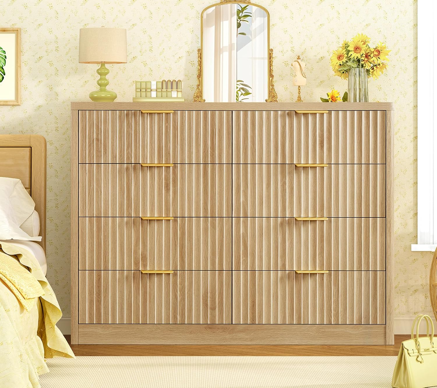 TEENOFN Fluted Dresser for Bedroom with 8 Drawers, 47.2' Wide Modern Chest of Drawers with Metal Handle, Dresser TV Stand, Wood Closet Clothes Storage Organizer for Living Room, Hallway, Natural
