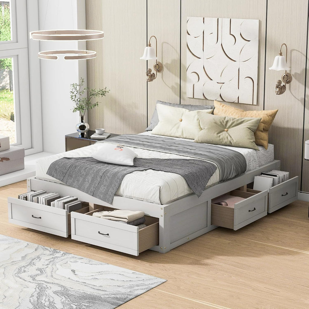 SOFTSEA Farmhouse Queen Size Bed Frame with 6 Drawers, Wood Storage Bed No Headboard with Support Slats, Solid Wood Platform Bed Frame with Drawers, No Box Spring Needed, Easy Assembly, Antique White