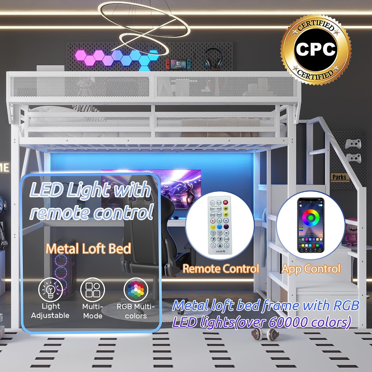 Metal Loft Bed with Desk and RGB LED Lights, Queen Size Loft Bed with Stairs and Charging Station,Adult Loft Beds with Storage Shelves for Upper and Wardrobe,Loft Beds Frame for Kids Teens, White