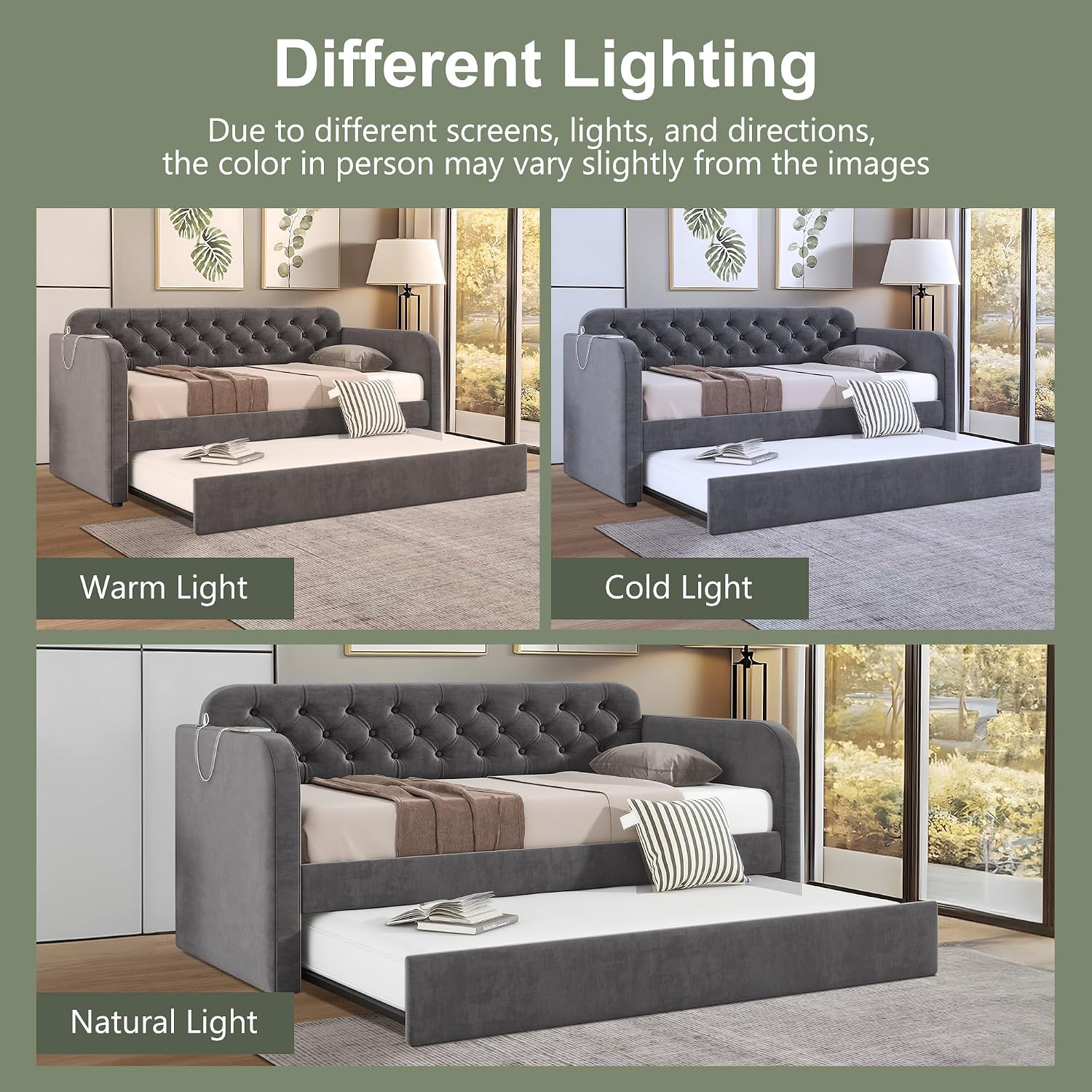 Twin Size Daybed with Trundle Bed, Upholstered Daybed with 2 USB Ports, Sturdy Metal and Wood Frame, Tufted Sofa Bed for Bedroom, No Box Spring Needed, Grey