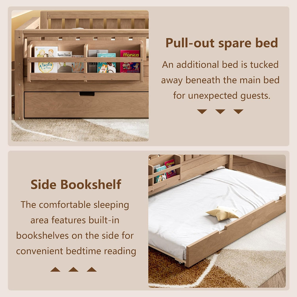 Bellemave Twin Bed with Trundle Twin and Stairs, Twin Size Platform Bed Frame with Fence and Bookshelf, Easy Assemble Beds for Kids, Girls, Boys, Natural