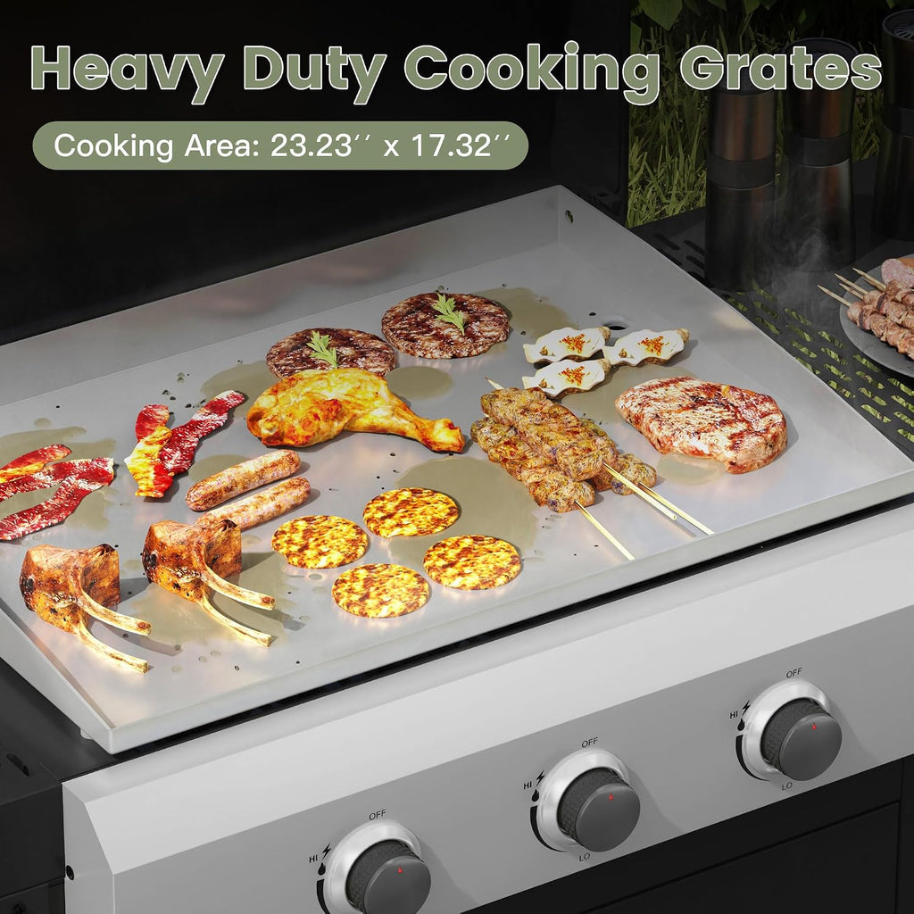 3 Burners Propane Gas Grill, Stainless Steel BBQ Grill with Porcelain-Enameled Cast Iron Grates, 36,000 BTU Outdoor Patio Barbeque Grill and Griddle Combo for Party, Camping, Backyard