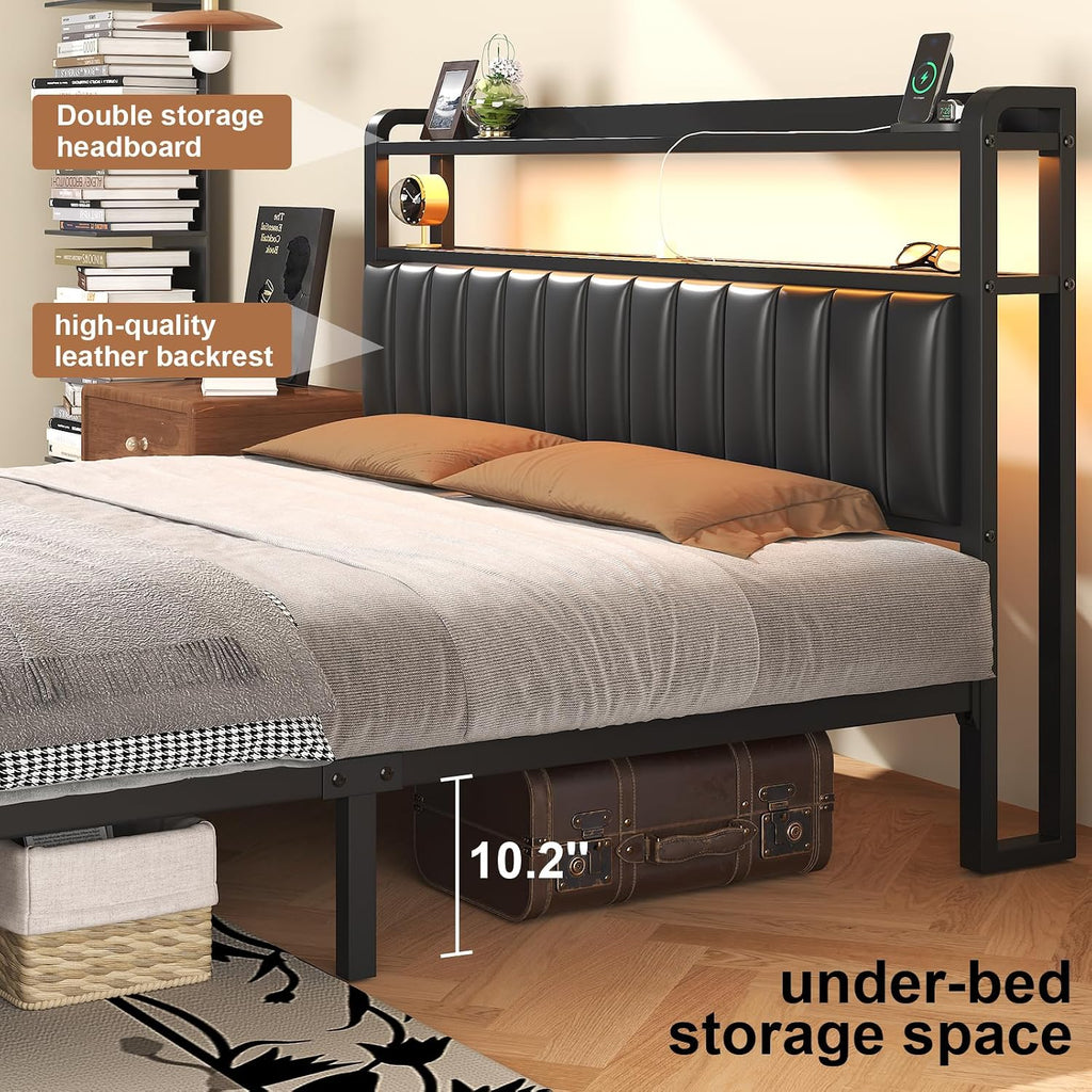 LOEWAY Full Size Bed Frame with Storage Headboard, Metal Platform Bed with LED Lights, Charging Station, Storage Drawers, Noise Free, No Box Spring Needed, Black