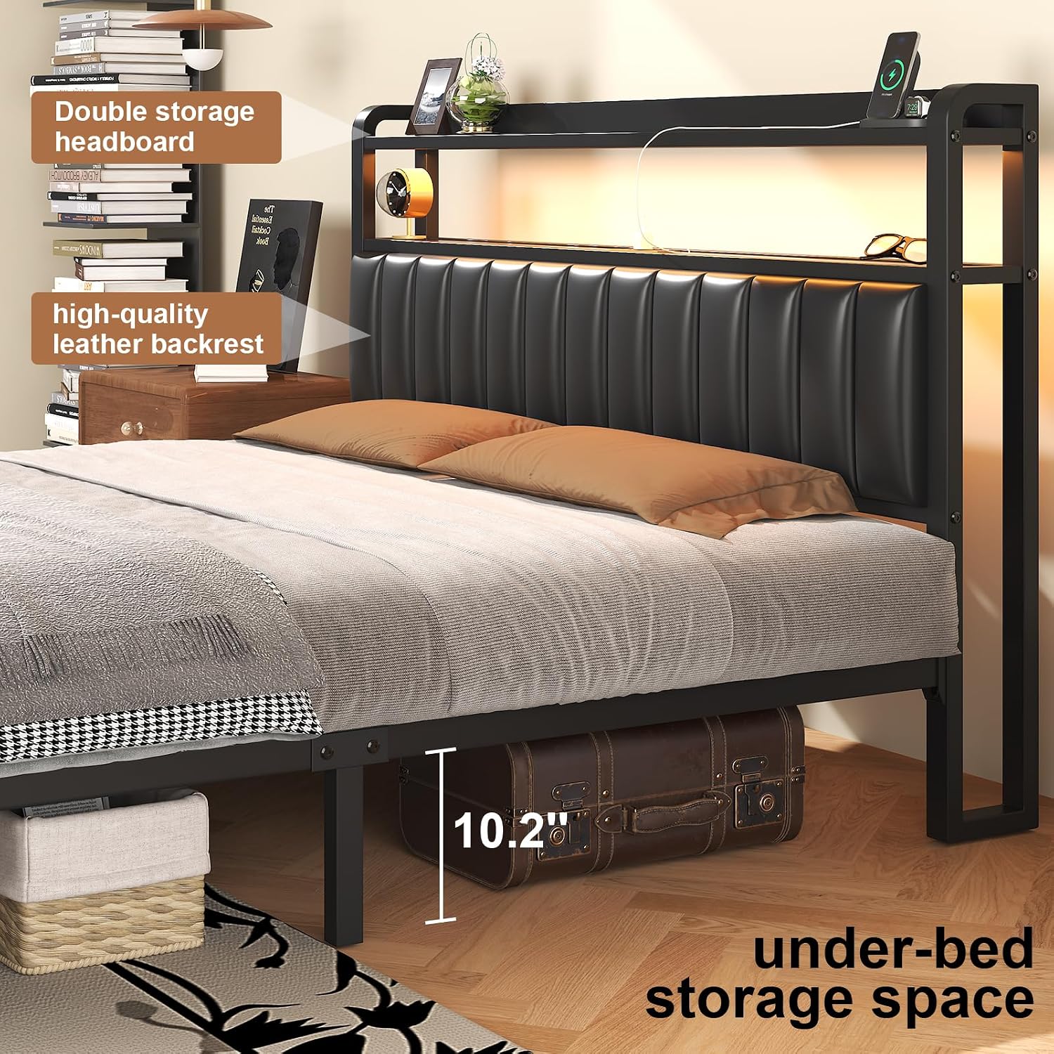 LOEWAY Full Size Bed Frame with Storage Headboard, Metal Platform Bed with LED Lights, Charging Station, Storage Drawers, Noise Free, No Box Spring Needed, Black