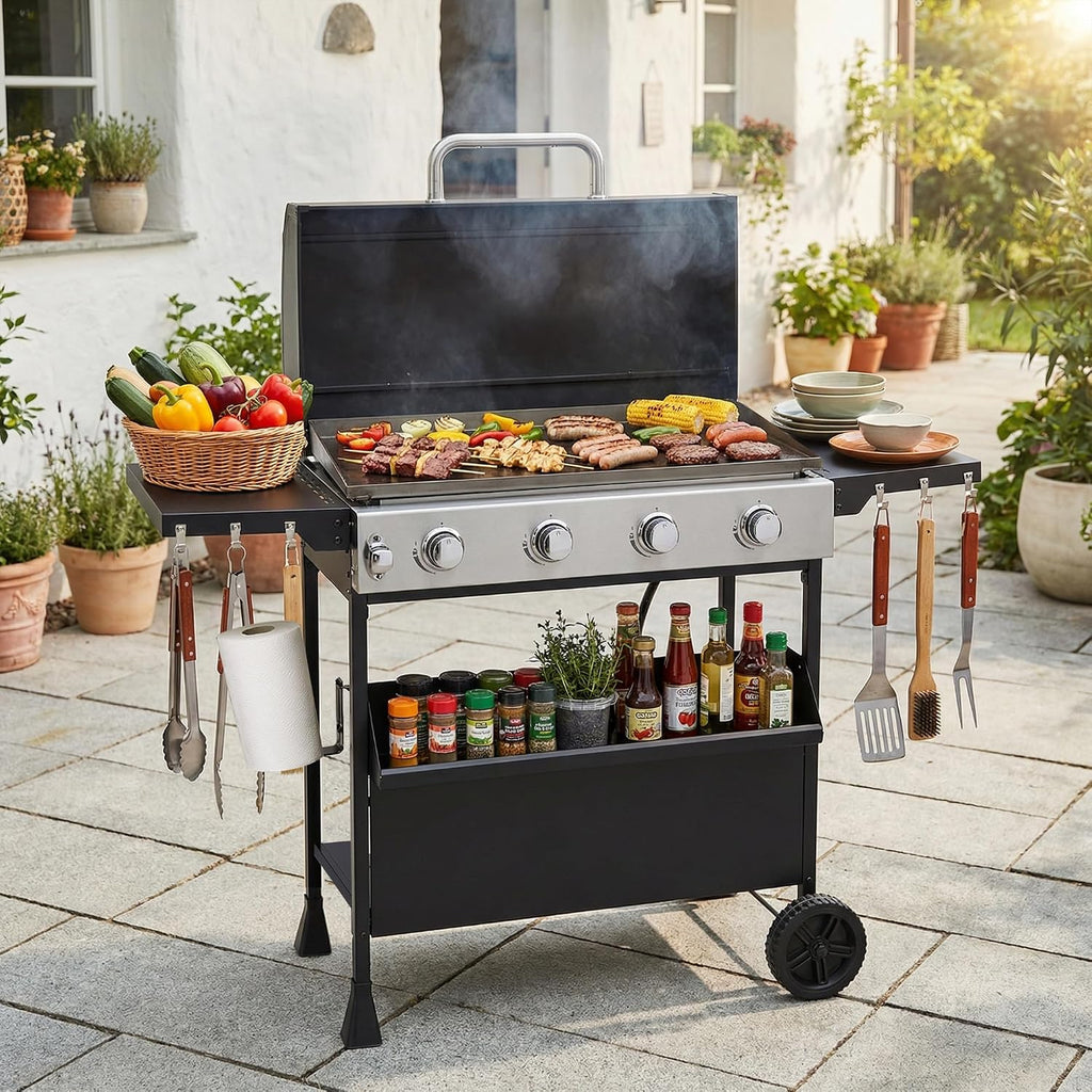 4-Burner Propane Gas Griddle with Removable Stand, 40,000 BTU Flat Top Grill with 455 sq.in Cooking Area, Portable Outdoor BBQ Grill w/Foldable Side Tables, Wheels for Patio, Backyard, Camping