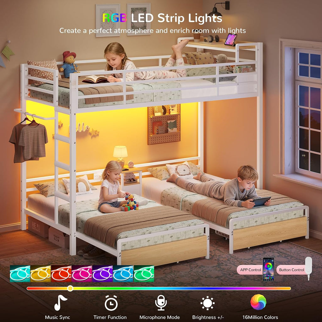 Triple Bunk Bed with Storage Drawers and Bedside Shelf, Twin Over Twin Bunk Bed for Kids/Teens with LED Lights and Charging Station, Heavy Duty Metal Bunk Beds with Safety Guardrail and Ladder, White
