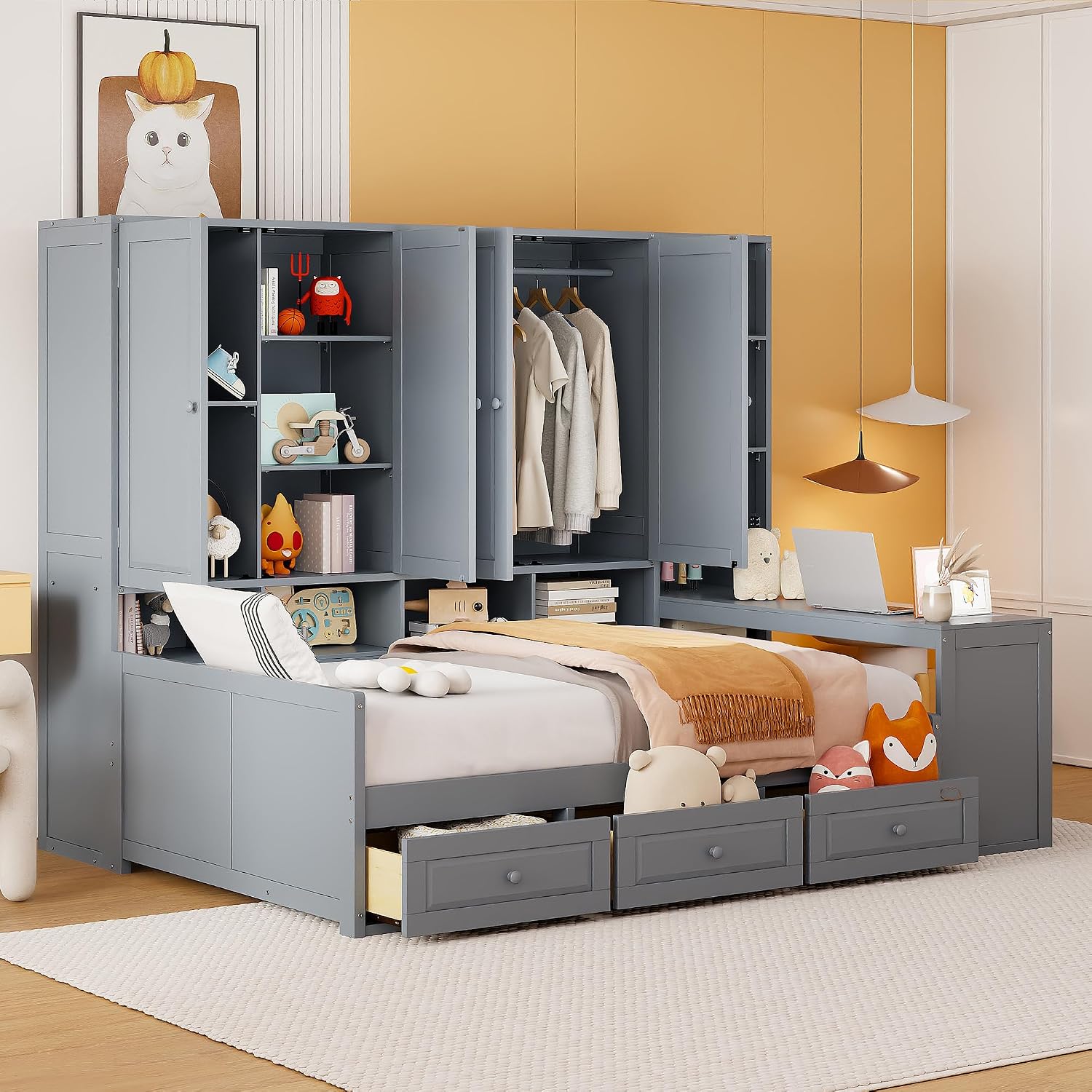 KLMM Full Size Wooden Daybed with Three Drawers and All-in-One Cabinet,Desk and Shelves,for Living Room Bedroom Use (Gray#Shelves, Full)