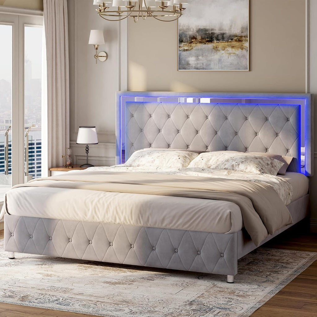 Jocisland Queen Bed Frame with LED Lights Headboard&Footboard, Velvet Upholstered Queen Size Platform Bed Frame No Box Spring Needed/Light Grey