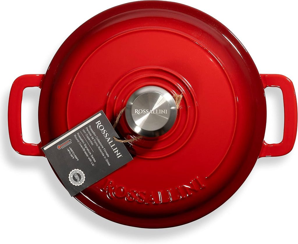 ROSSALLINI Signature Enameled Cast Iron Braiser, Non-Stick Serving Pot with Tight Fitting Lid for Perfect Roasting, Baking, Sauteing, Searing, and Pan Frying | 2.25Q (2.1L) - Red