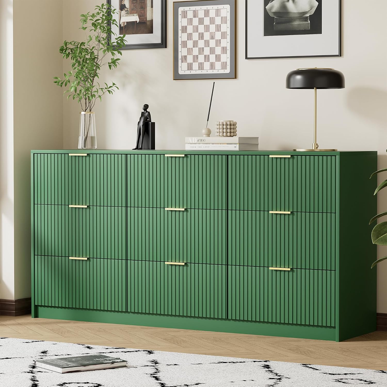 Furniway Green Dresser for Bedroom, Modern Dresser with 9 Drawers and Smooth Slides, Wide Chest of Drawers with Golden Handles for Bedroom, Living Room, Closet, 15.7' D x 63' W x 31.5' H