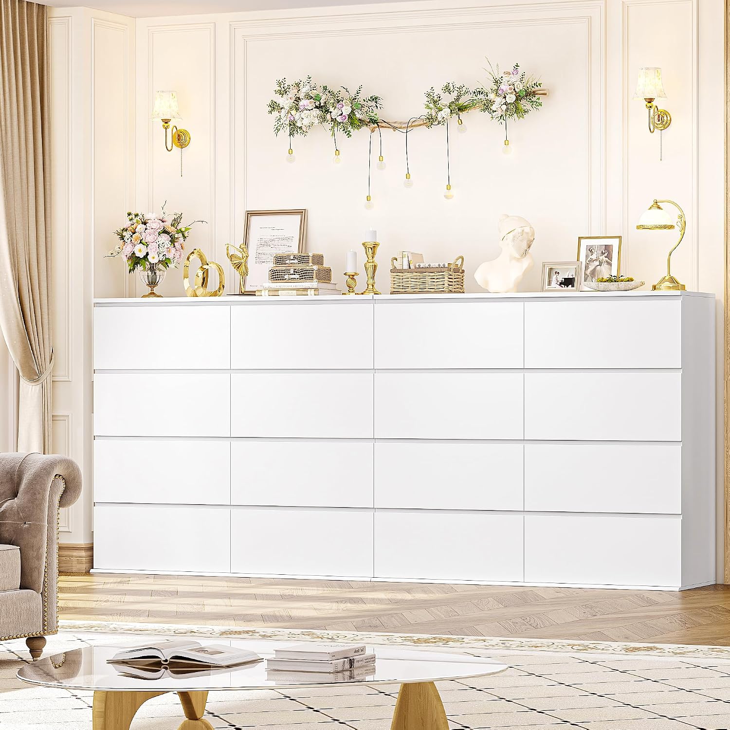 FINETONES 8 Drawer Dresser for Bedroom, White Dresser Double Chest of Drawers, Modern Wood Dressers with Deep Drawers for Living Room,White