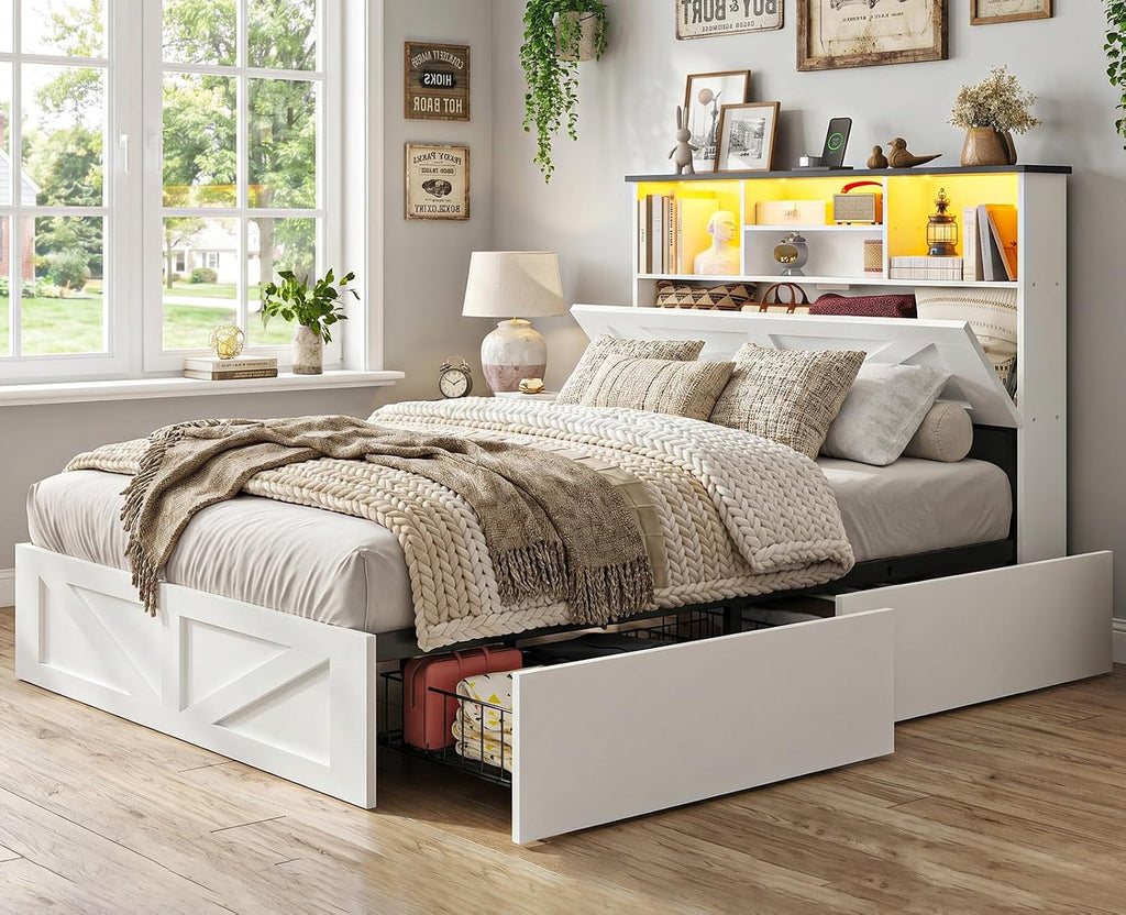 AOGLLATI Twin Bed with Storage Bookcase Headboard and 4 Drawers,Wooden Farmhouse Twin Bed Frame with Charging Station, Led Lights & Metal Slats,White