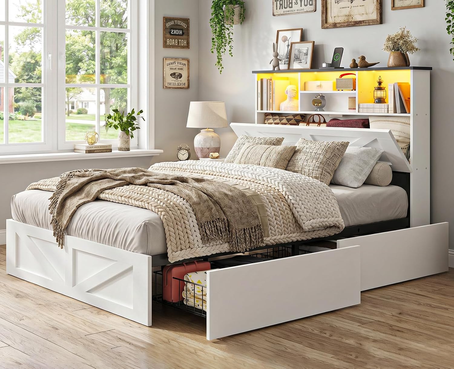 AOGLLATI Twin Bed with Storage Bookcase Headboard and 4 Drawers,Wooden Farmhouse Twin Bed Frame with Charging Station, Led Lights & Metal Slats,White