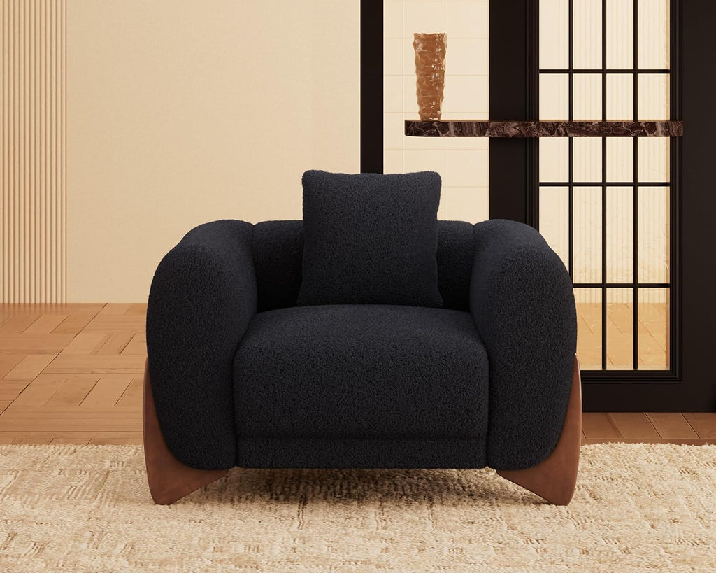 Morden Fort Sherpa Boucle Couch Armchair Single, Modern Sofa Upholstered Deep Chair with Soft Throw Pillow Skin-Friendly Minimalist Accent Chair Compatible with Sofa Set Couch for Living Room, Black