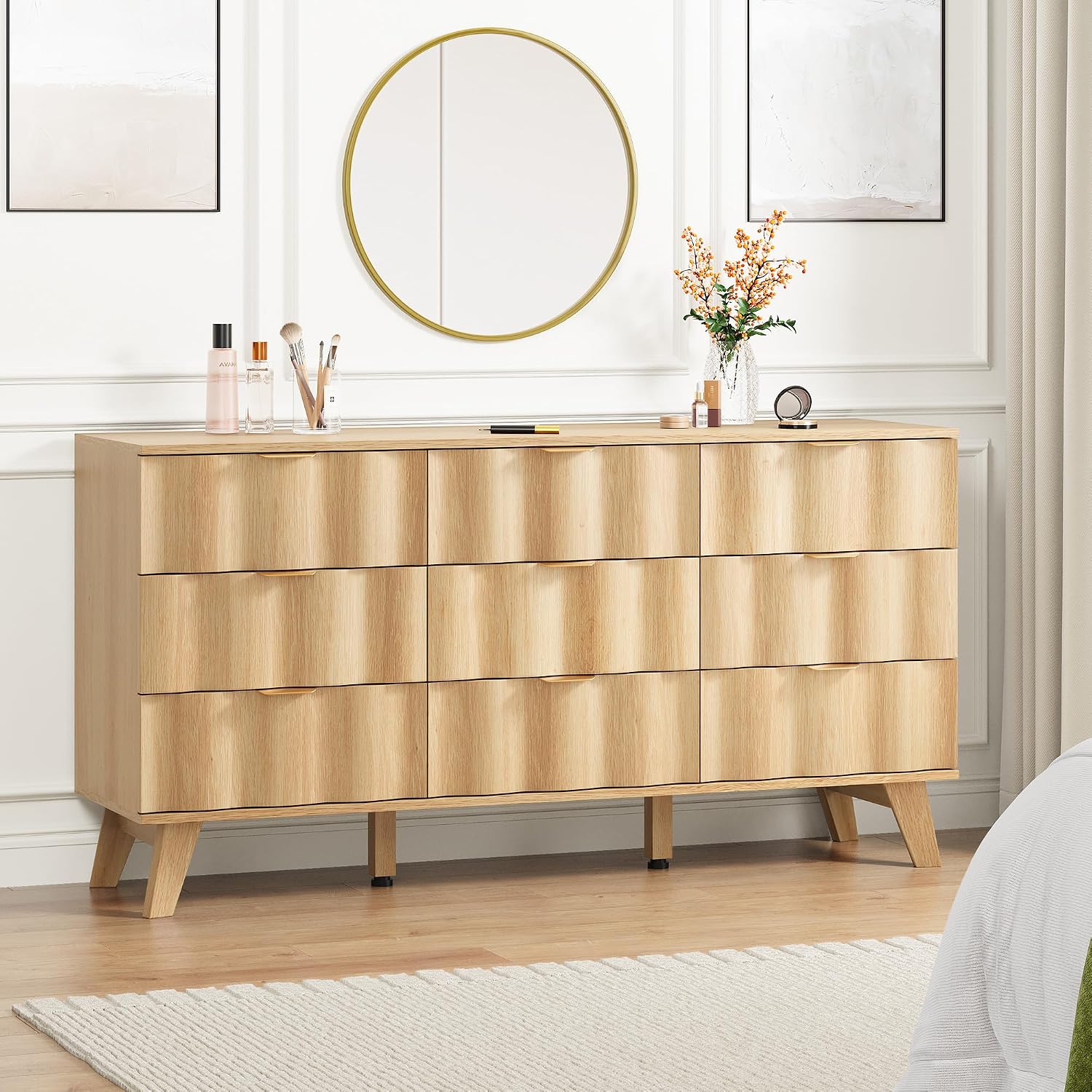 9 Drawer Dresser, Modern Fluted Storage Dresser with Deep Drawers and Metal Handles, Wood Chest of Drawers Storage Organizer for Bedroom, Living Room, Hallway (Natural)