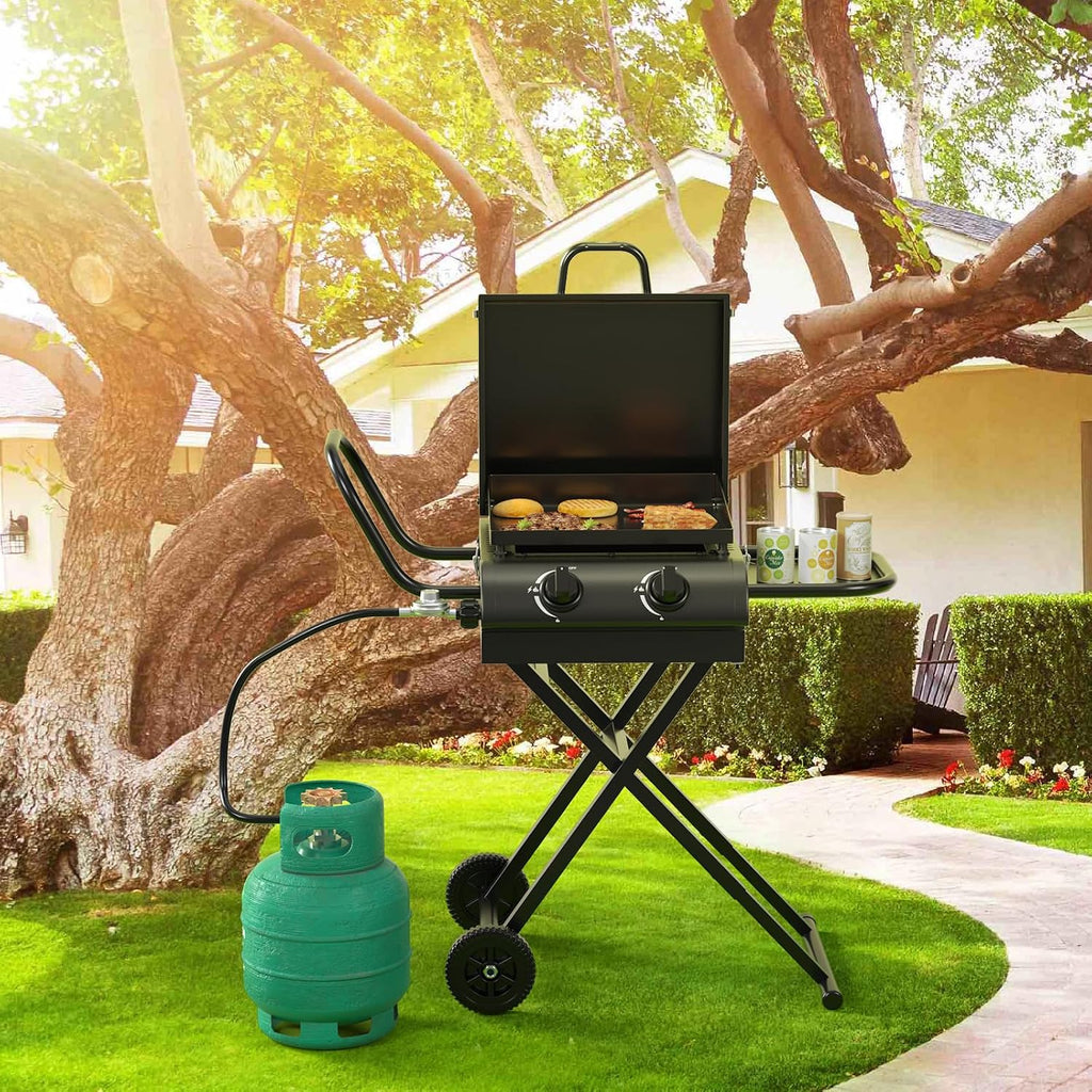 Portable Propane Griddle Grill with Hood, Side Shelf, & Adjustable Heat Zones - Folding Gas Grill for Outdoor Cooking Patio Backyard Camping RV Tailgating