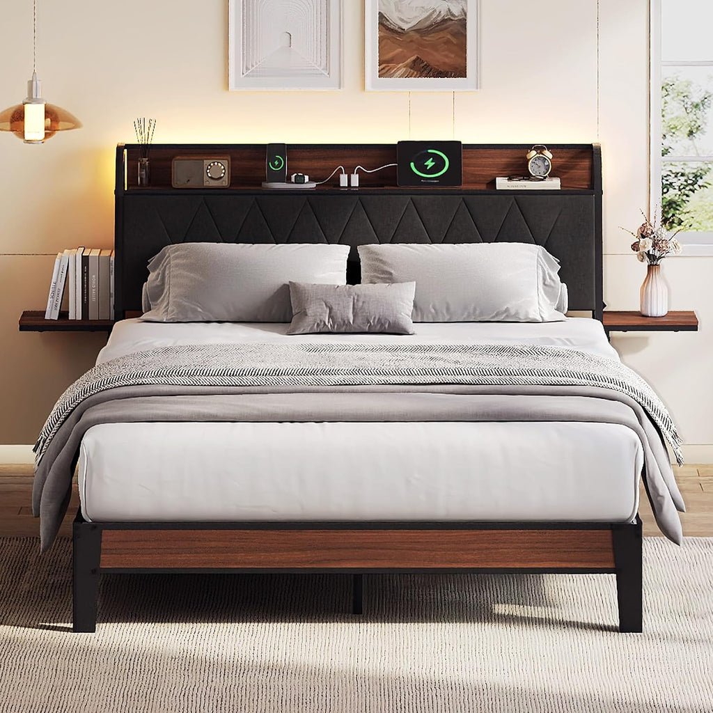 WLIVE Queen Bed Frame with Headboard, Upholstered Bed Frame with 2 Storage Shelves, Platform Bed with LED Lights and Charging Station, 1500LBS Mattress Foundation, No Box Spring Needed, Black