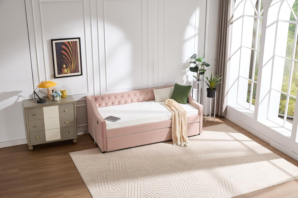 Twin to King Daybed with Trundle, USB Ports Soft Upholstered Daybed with Pop Up Trundle Bed Twin, Modern Extendable Day Bed Frame for Girls Bedroom Living Room Guest Room Small Places Blush Pink