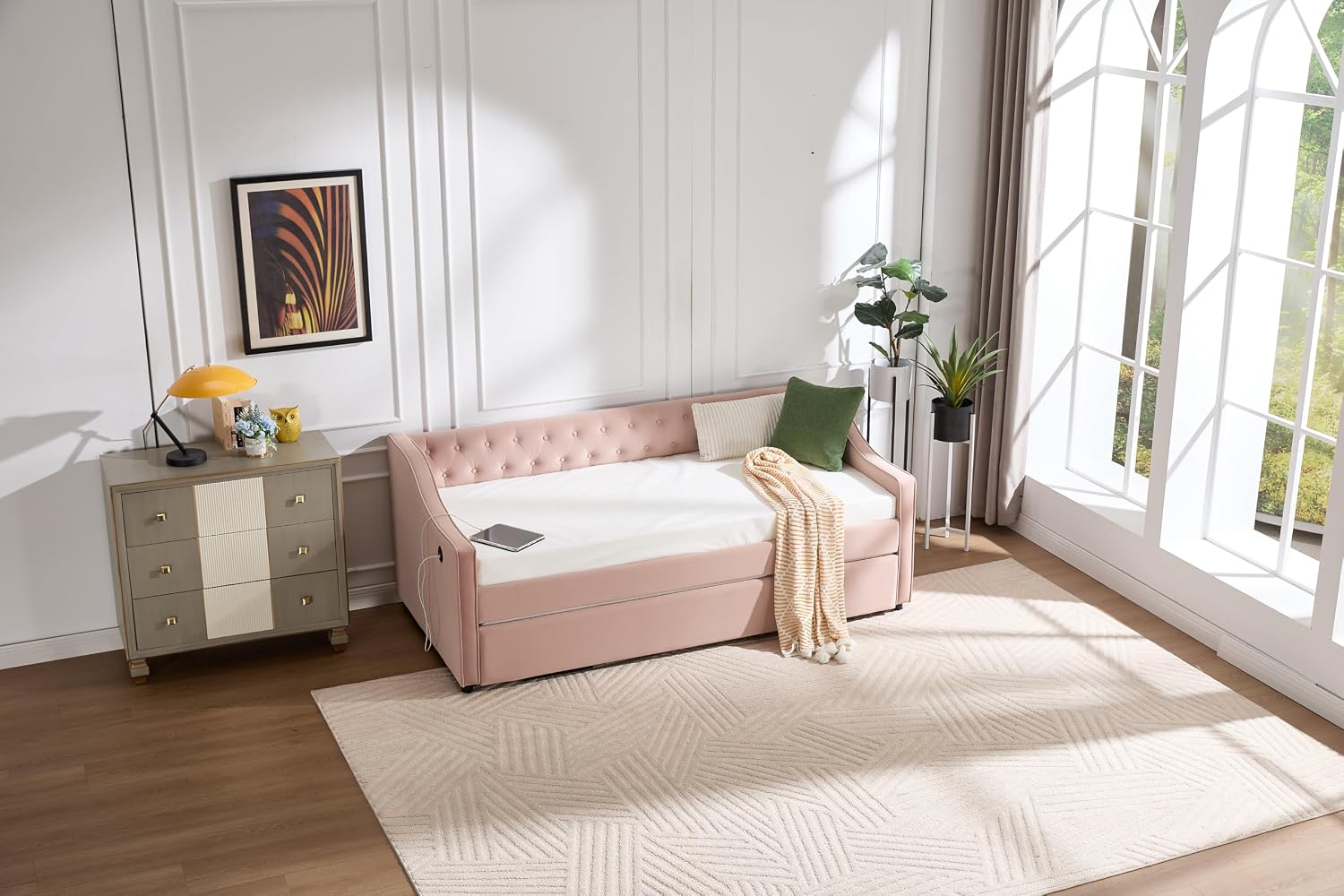 Twin to King Daybed with Trundle, USB Ports Soft Upholstered Daybed with Pop Up Trundle Bed Twin, Modern Extendable Day Bed Frame for Girls Bedroom Living Room Guest Room Small Places Blush Pink