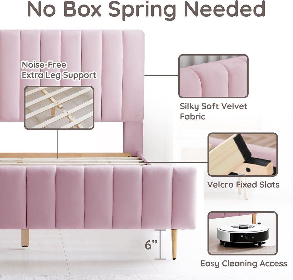 Livinia Twin Size Elton Velvet Platform Bed Set, Upholstered Bed Frame with Vertical Channel Tufted Headboard Footboard with Side Panel Nightstand, No Box Spring Needed, Pink (Twin)