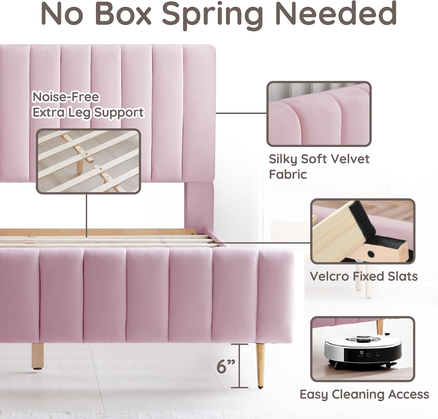 Livinia Twin Size Elton Velvet Platform Bed Set, Upholstered Bed Frame with Vertical Channel Tufted Headboard Footboard with Side Panel Nightstand, No Box Spring Needed, Pink (Twin)