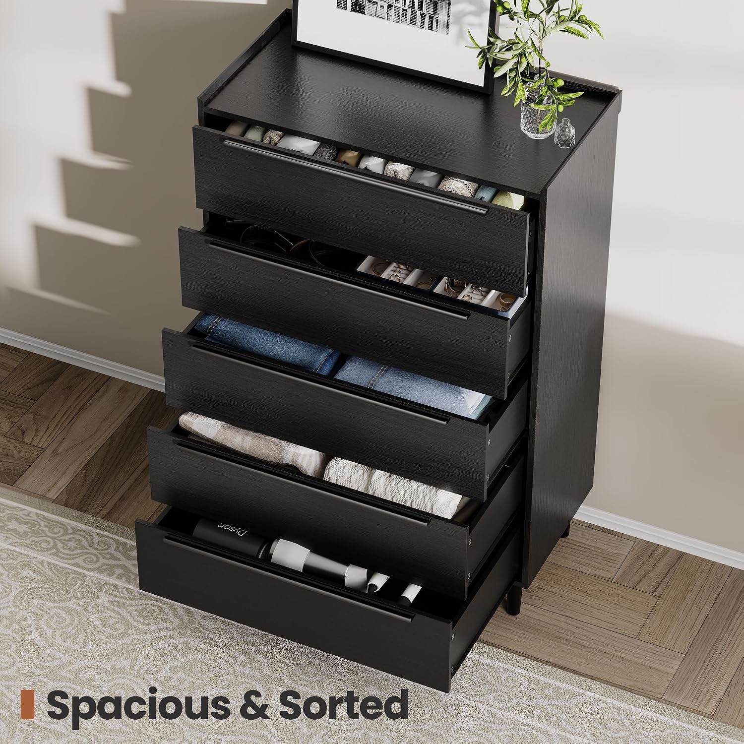31' W x 48' H Black 5 Drawer Dresser for Bedroom, Modern Tall Chest of Drawers with Raised-Edge Gallery Top, Metal Handles, Tapered Legs, Black Oak