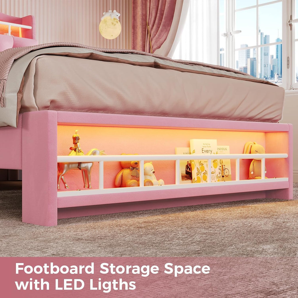 BTHFST Twin Szie Girls Bed with LED Lights & Charging Station, Princess Twin Size Bed Frame with Hidden Storage Headborad, Sturdy Platform Bed, No Box Spring Needed/Noise-Free/Easy Assembly, Pink