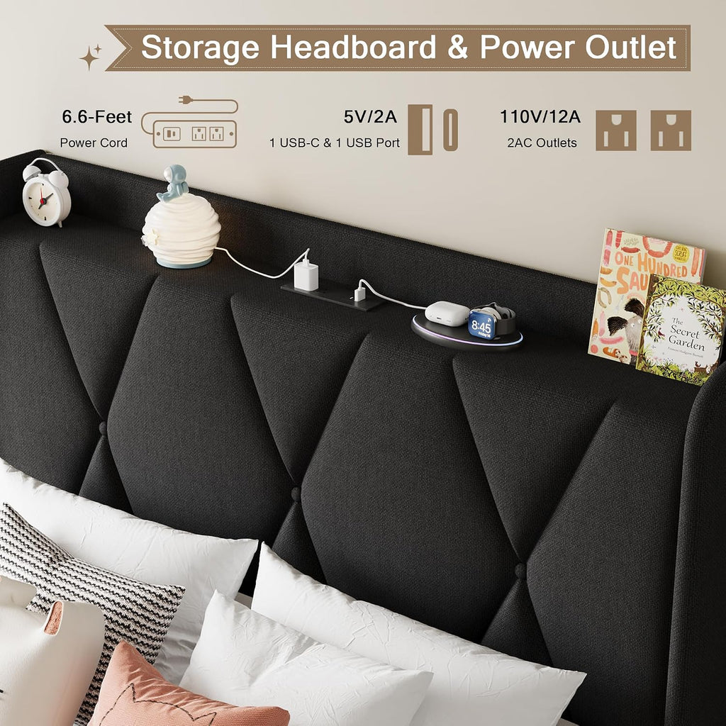 Einhomn Twin Bed Frame with 3 Storage Drawers, Upholstered Bed Frame with Charging Station and Storage Headboard, No Box Spring Needed, Easy Assembly, Black