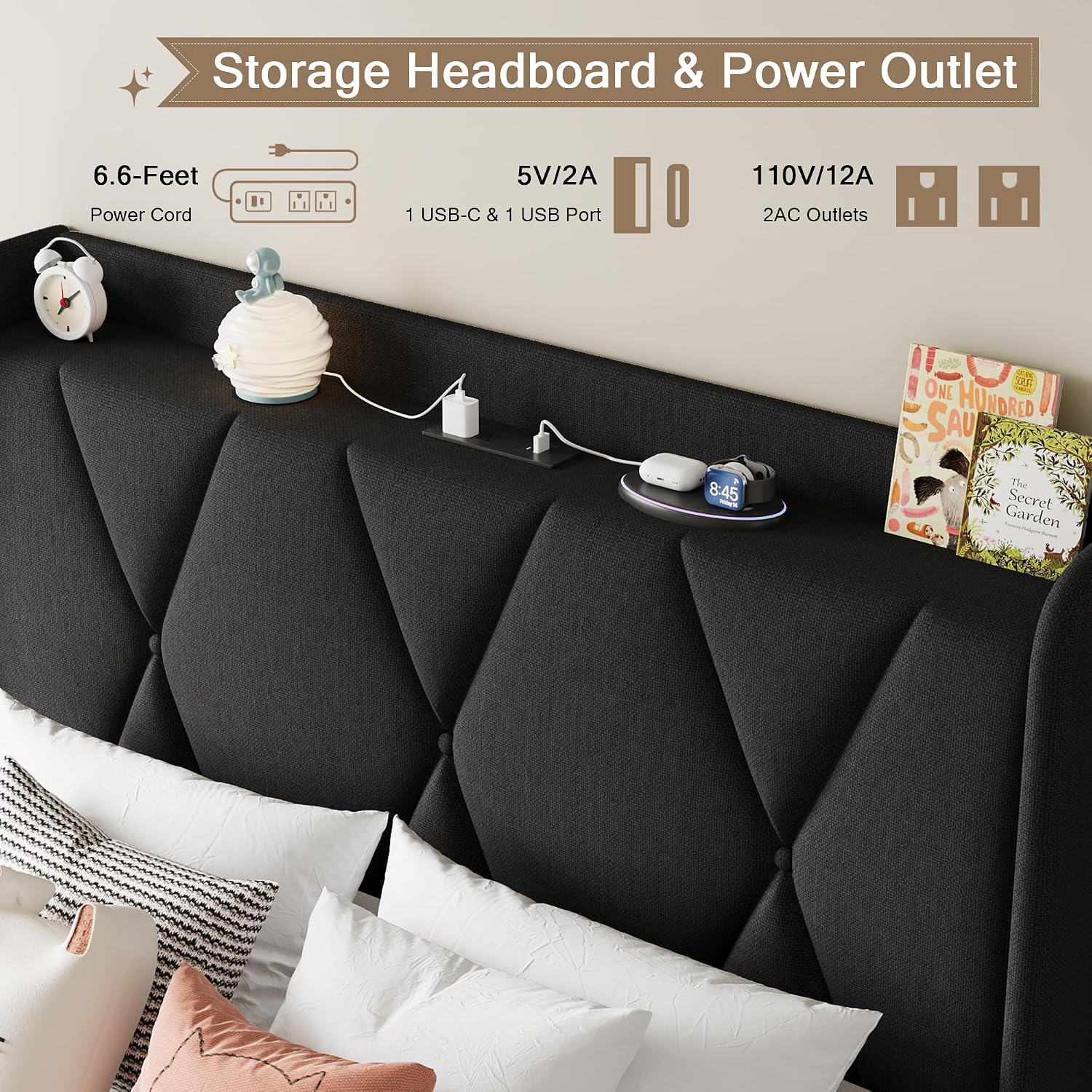 Einhomn Twin Bed Frame with 3 Storage Drawers, Upholstered Bed Frame with Charging Station and Storage Headboard, No Box Spring Needed, Easy Assembly, Black