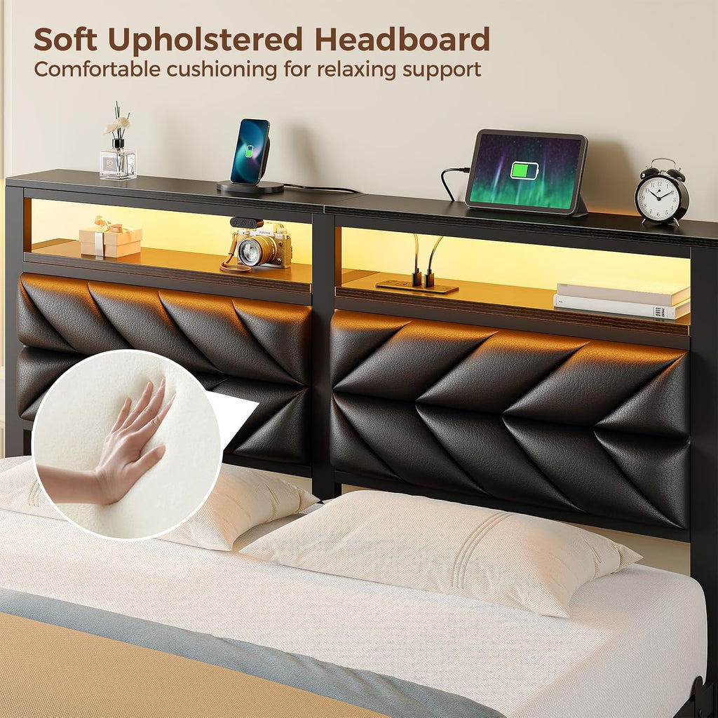 Seventable King Size Bed Frame with Charging Station & LED Lights, Upholstered Headboard with 2-Tier Storage Shelves, Metal Platform with Under Bed Storage, No Box Spring Needed, Easy Assembly, Black