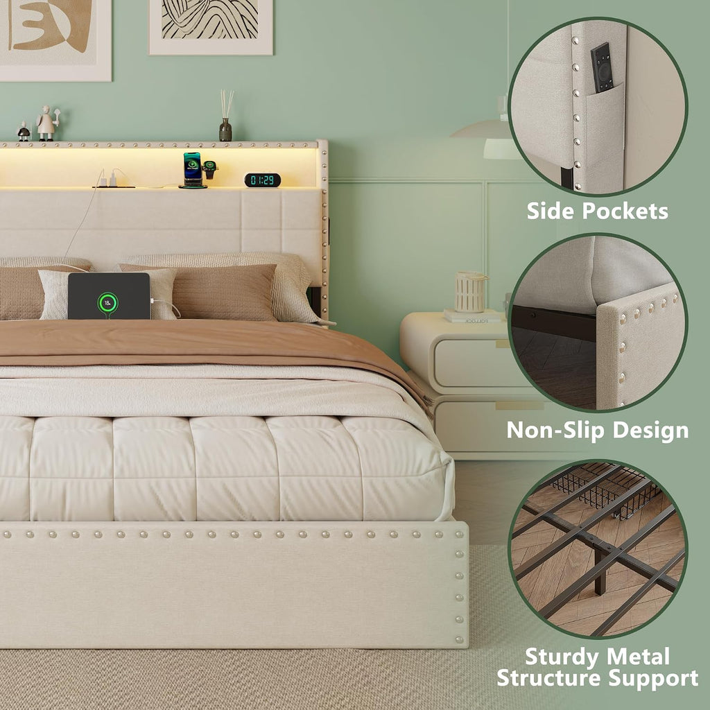 OURPIC Queen Bed Frame with 4 Storage Drawers & Headboard, Upholstered Platform Bed Frame Queen Size with Charging Station & LED Lights, No Box Spring Needed, Metal Slats Support, Noise Free, Beige