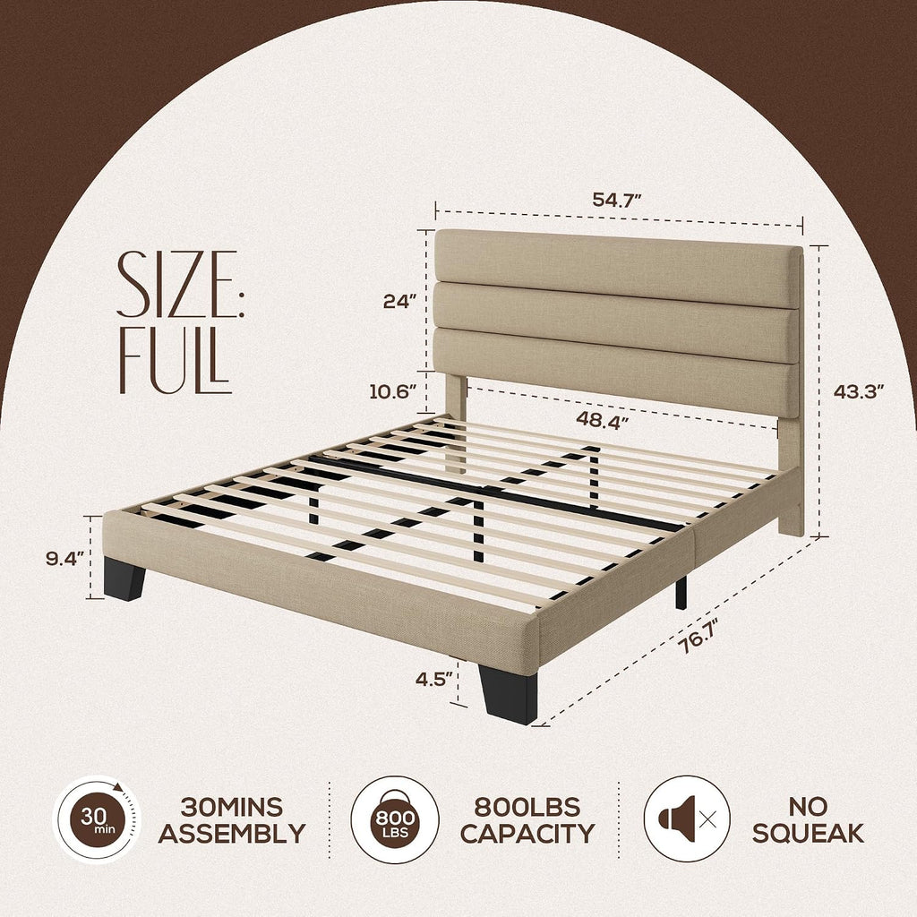 WEEWAY Full Size Bed Frame Platform Bed with Linen Fabric Upholstered Headboard and Wooden Slats Support, Heavy Duty Mattress Foundation, No Box Spring Needed, Easy Assembly, Beige