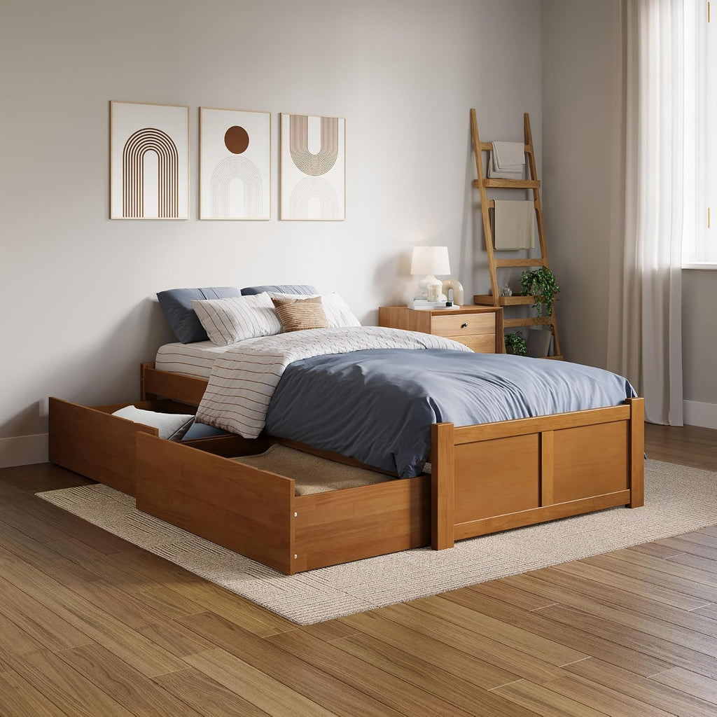 AFI Concord Twin XL Solid Wood Platform Bed with Footboard & Storage Drawers in Light Toffee