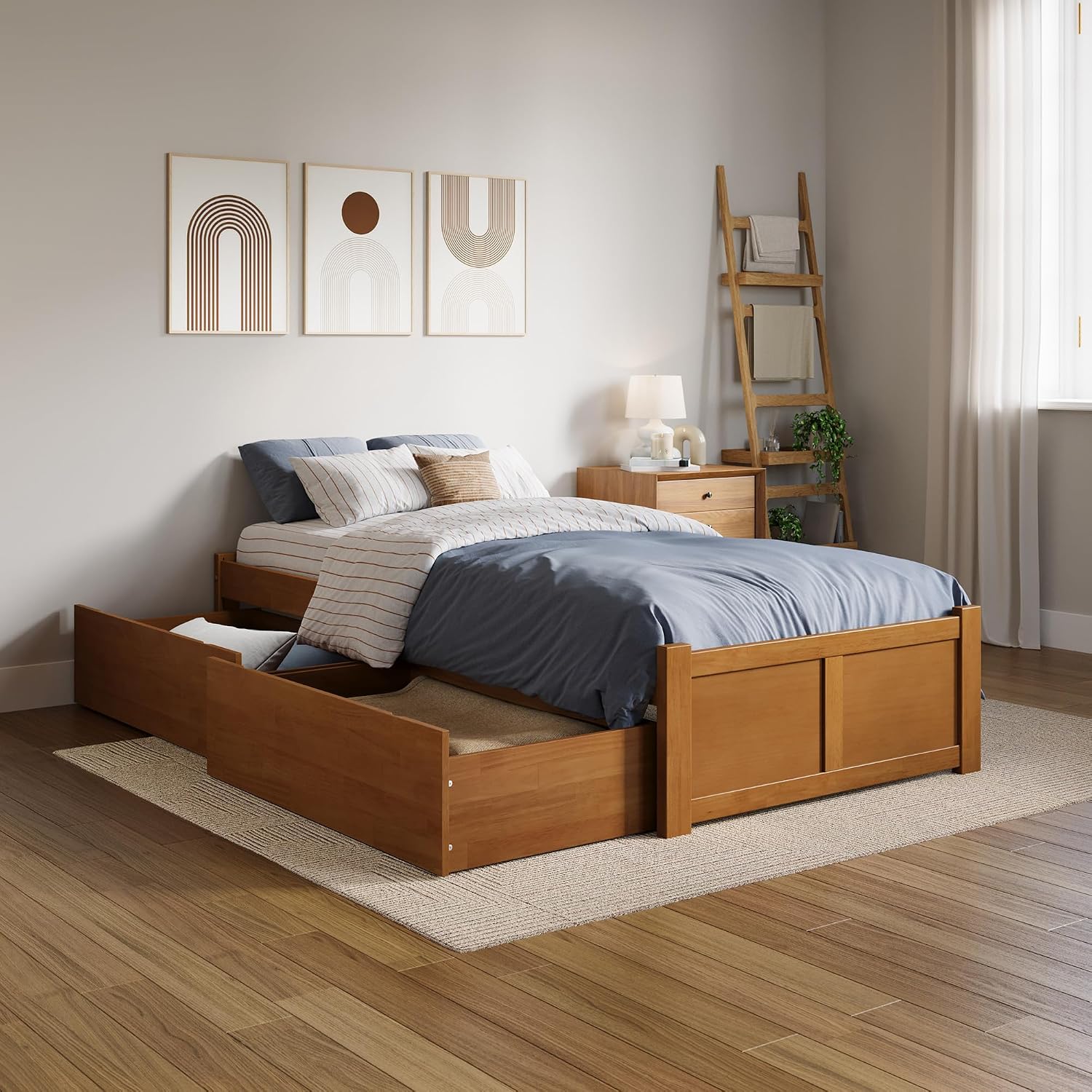 AFI Concord Twin XL Solid Wood Platform Bed with Footboard & Storage Drawers in Light Toffee