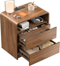 23.8' Modern Nightstand with Hidden Drawers Walnut Night Stand with Charger Station Mid Century Bedside Table Curved Wood Side Table for Bedroom Dorm