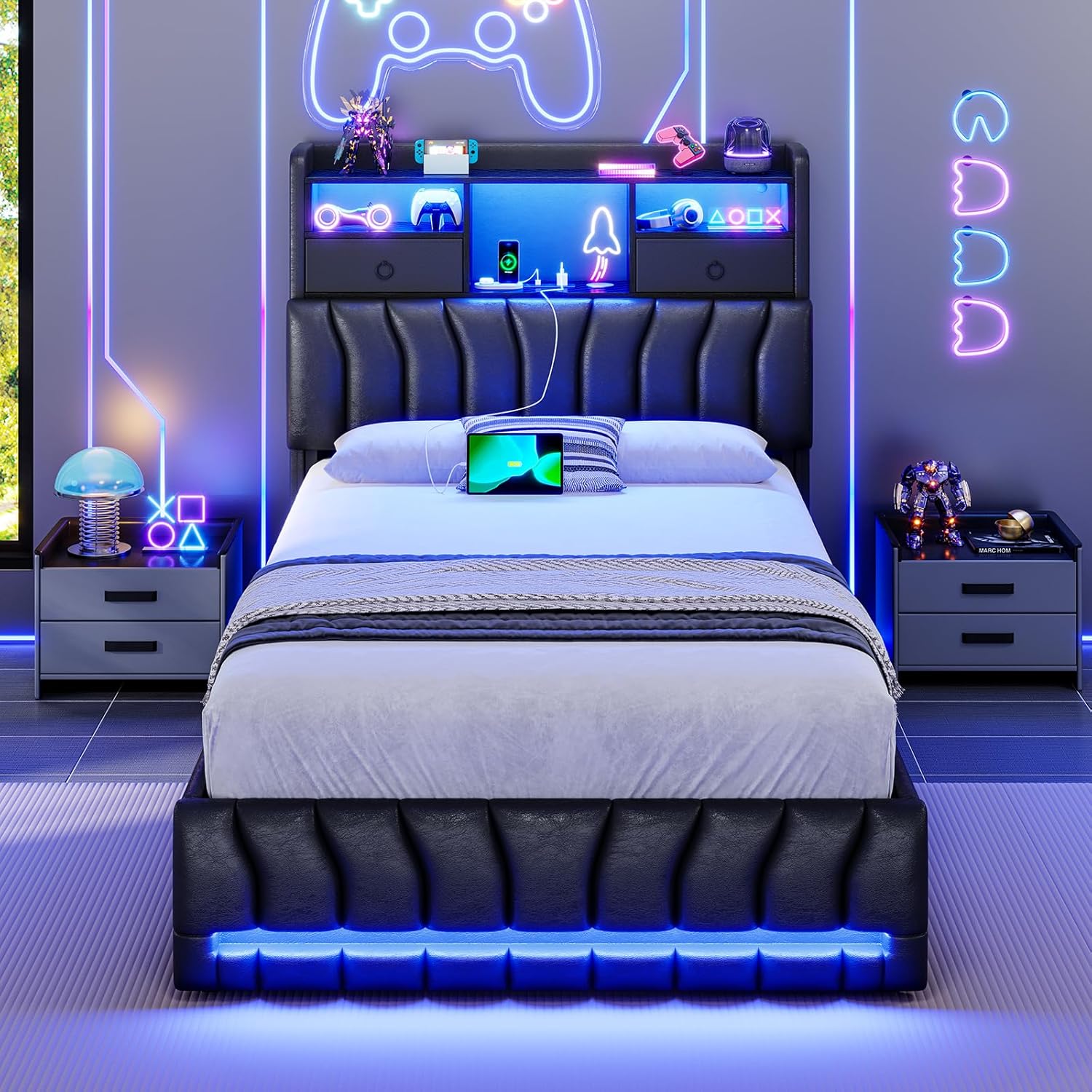 DICTAC Twin Bed Frames with Storage Headboard and 2 Large Drawers, Gaming Bed with RGB Lights and Charging Station, Leather Upholstered Platform Bed, Esports-Style Bed, No Box Spring Needed, Black