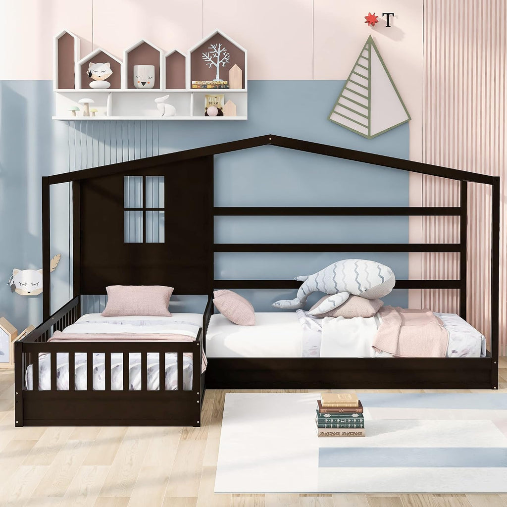MERITLINE L Shaped Bed for 2 Kids, Twin House Bed, Wooden Double Twin Beds with Fence and Roof, Playhouse Bed, Corner Bed for Bedroom Furniture, No Box Spring Needed (Espresso)