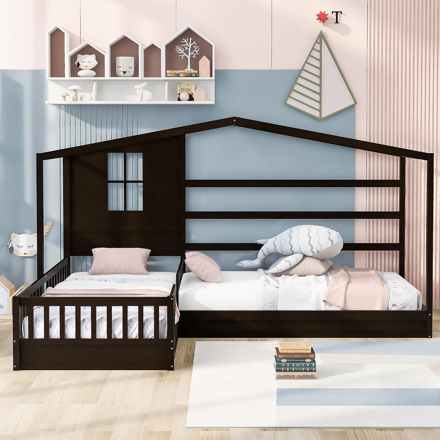 MERITLINE L Shaped Bed for 2 Kids, Twin House Bed, Wooden Double Twin Beds with Fence and Roof, Playhouse Bed, Corner Bed for Bedroom Furniture, No Box Spring Needed (Espresso)