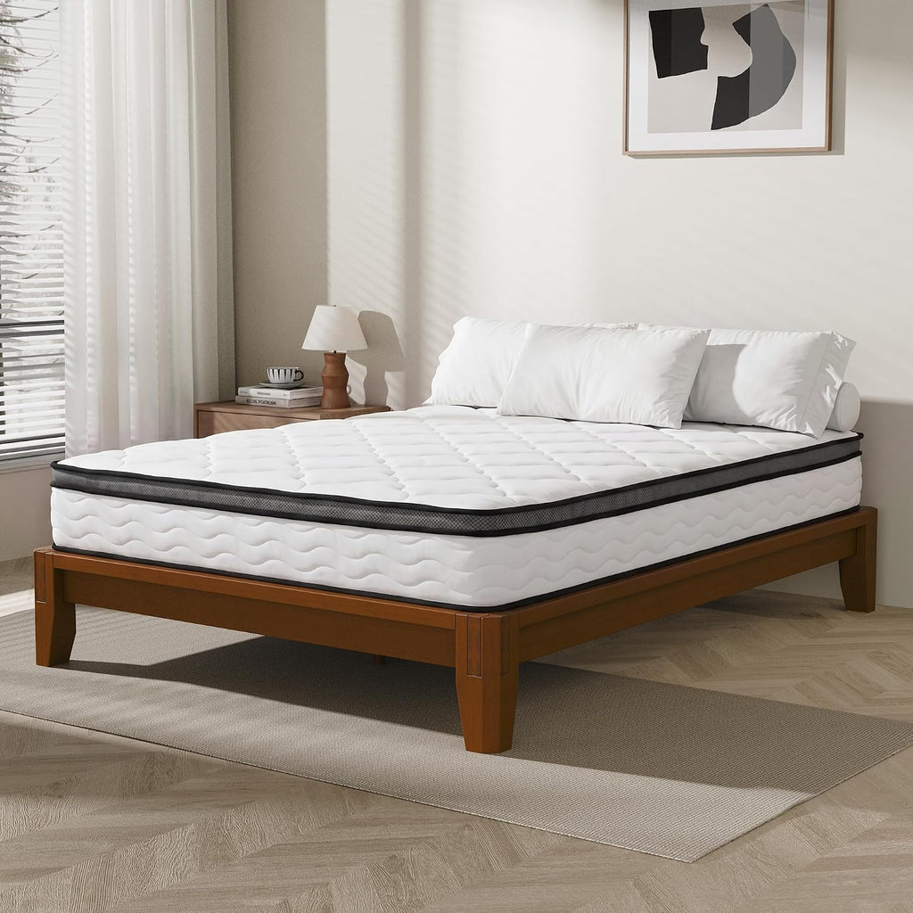 Dolonm Full Size Bamboo Bed Frame with 12' Mattress-Medium Hybrid Firm, Bed Frame and Mattress Set, Bamboo Mattress Topper, Pressure Relief, Motion Isolation（Walnut