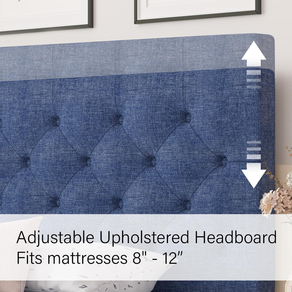 HOMBCK Queen Bed Frame with Button Tufted Headboard, Blue Upholstered Platform Bed Frame Bed, Soft Fabric/Wood Slats Support/No Box Spring Needed, Easy Assembly, Blue
