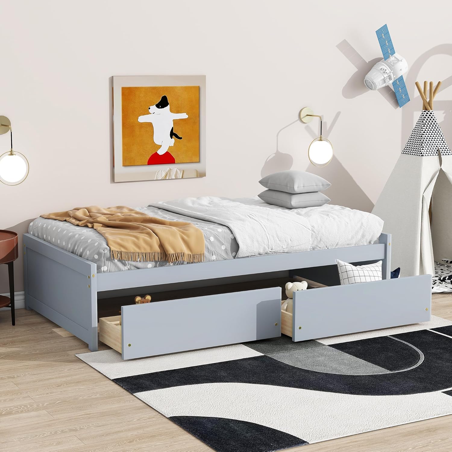 Bellemave Twin Kids Bed with Storage 2 Drawers, Wood Twin Daybed with Storage, BedFrames for Kids, Adults, Gray