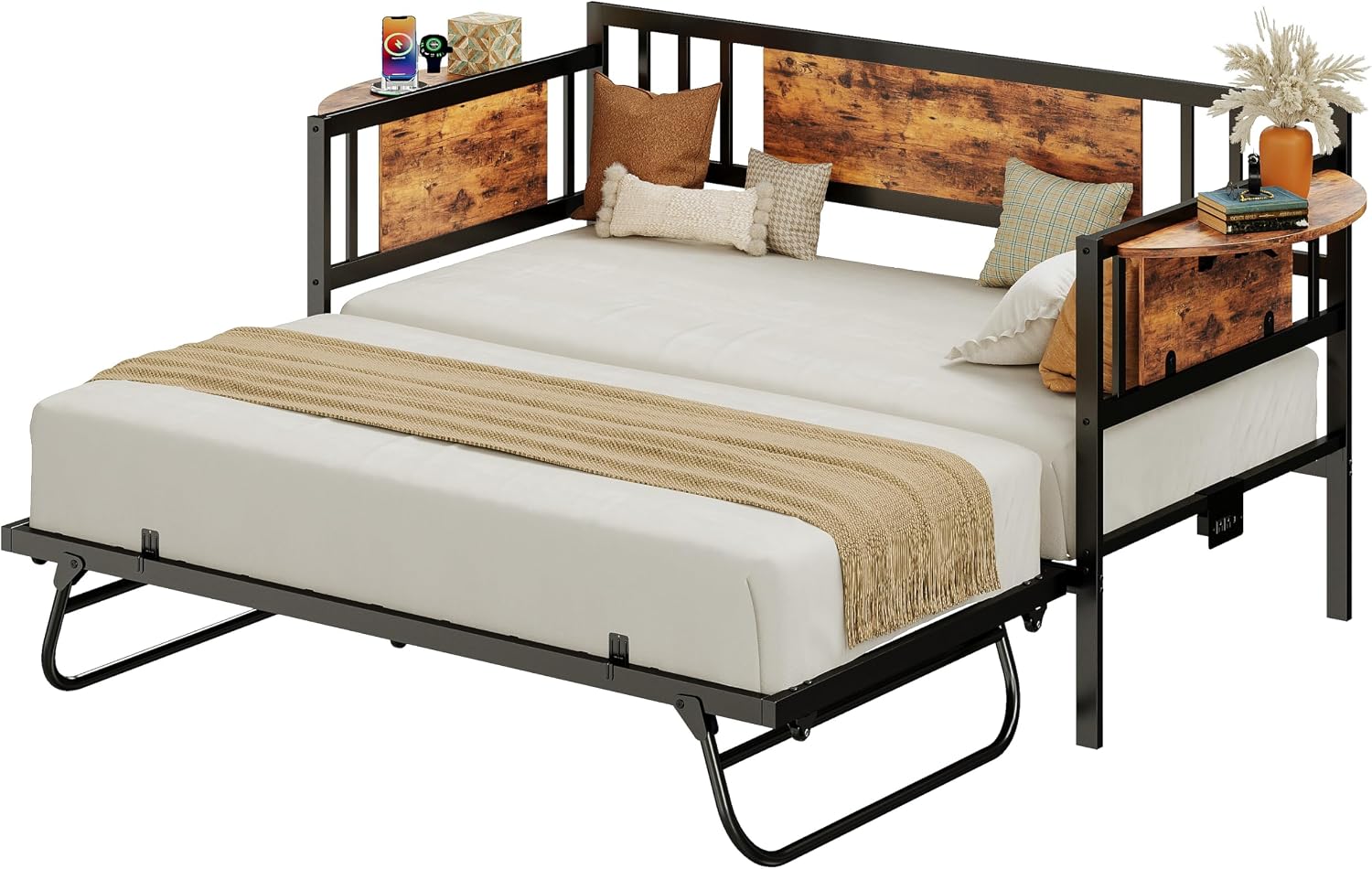LIKIMIO Daybed with Trundle & Foldable Headboard, 700lbs Metal Twin Bed Frame with LED Lights and Charging Station, Industrial Day Bed for Bedroom, Living Room, Black