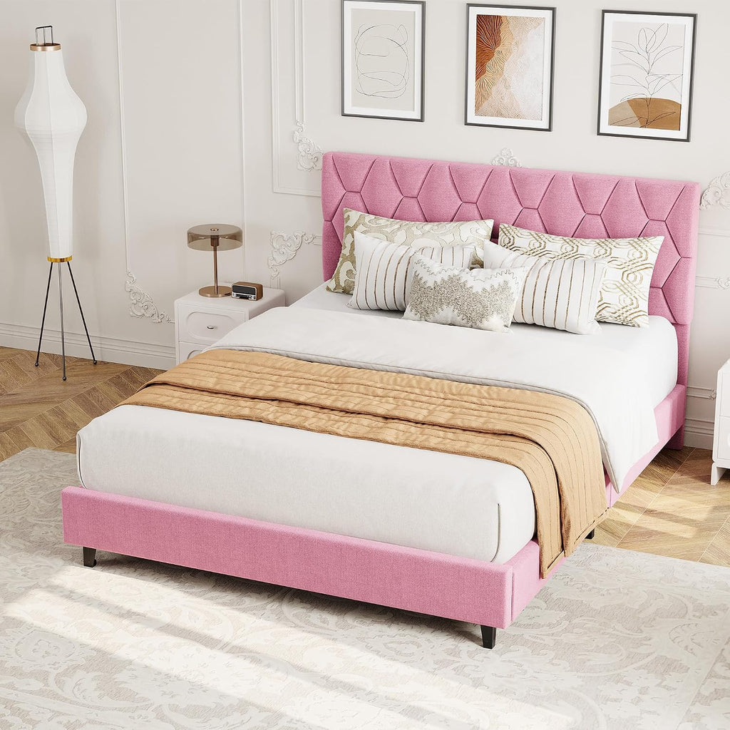 GarveeHome Pink Full Bed Frame with Upholstered Headboard, Heavy-Duty Platform Bed Frame with Strong Wood Slats, No Box Spring Needed/Noise Free/Easy Assembly