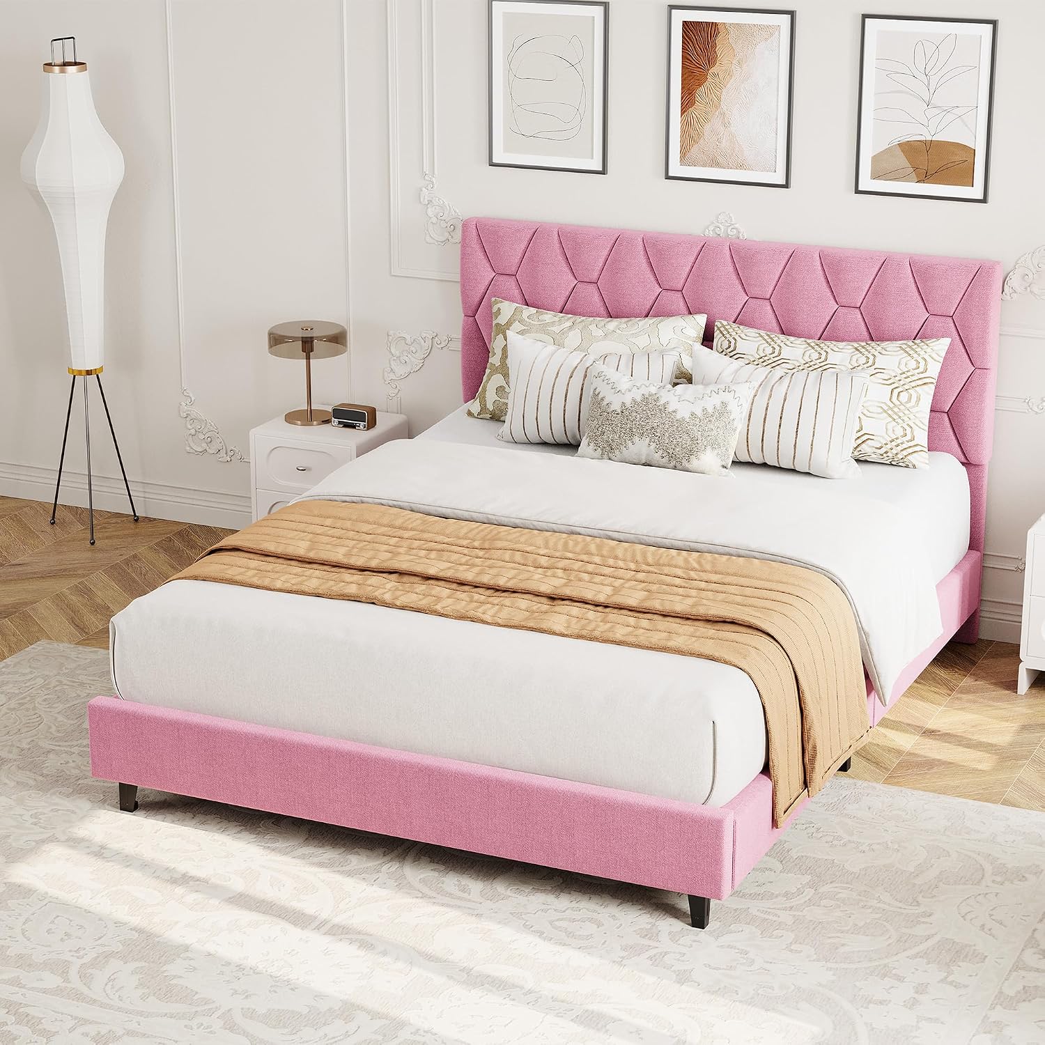 GarveeHome Pink Queen Bed Frame with Upholstered Headboard, Heavy-Duty Platform Bed Frame with Strong Wood Slats, No Box Spring Needed/Noise Free/Easy Assembly